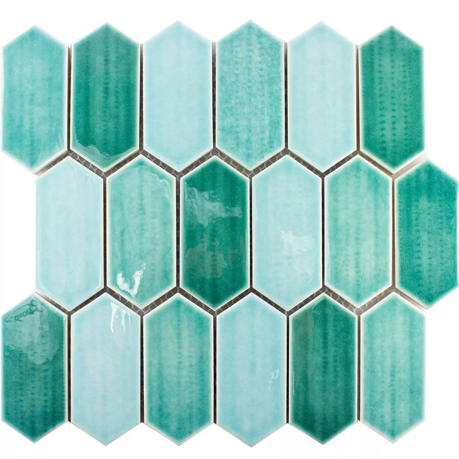 Sample Ceramic Mosaic Tiles McCook Hexagon Long Cyan Green