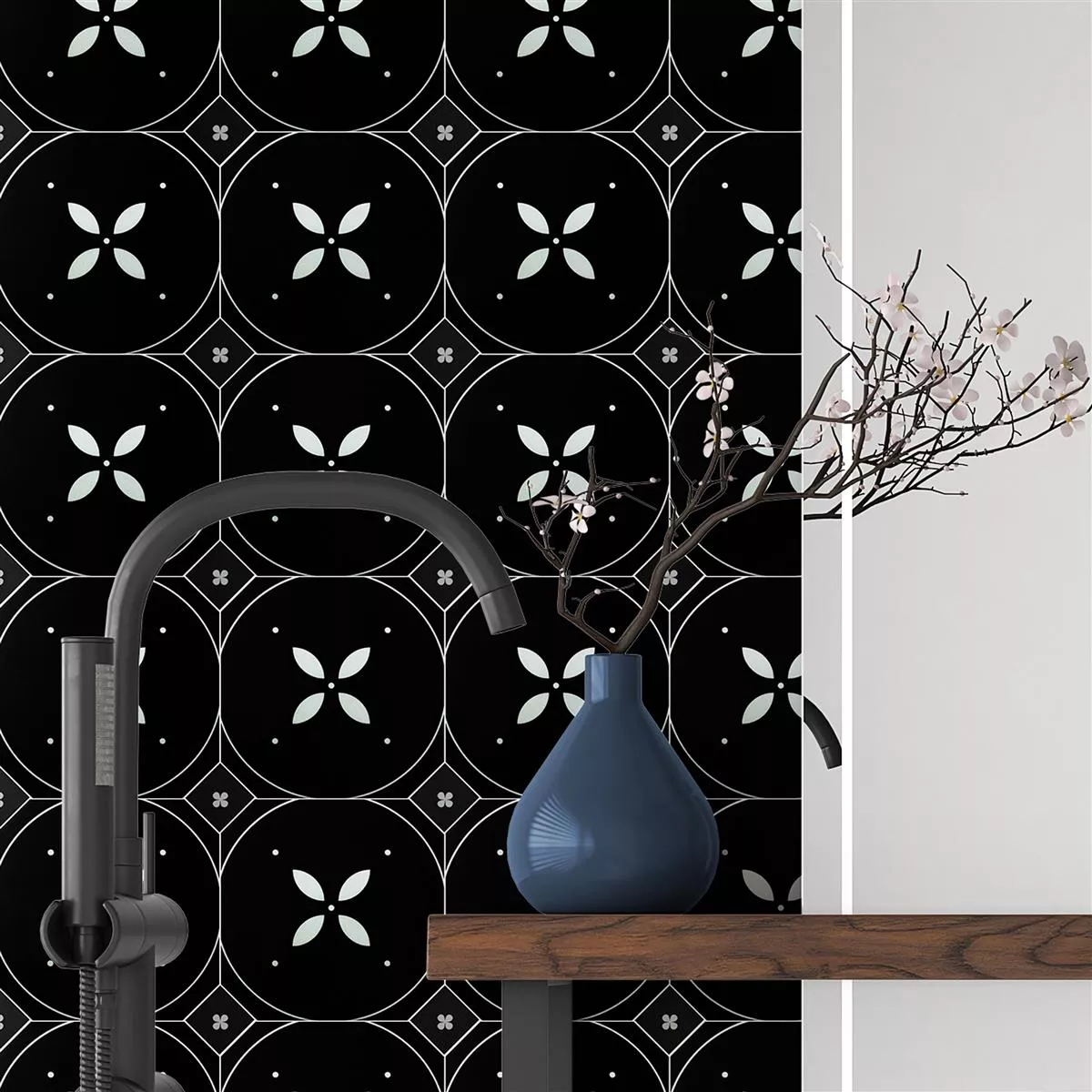 Porcelain Stoneware Tiles Genexia Black Blanc Decor 1 Rosone  4,6x4,6cm