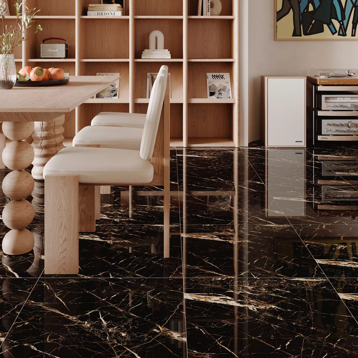 Floor Tiles Trento Marble Optic Black Gold Polished Glossy 60x60cm