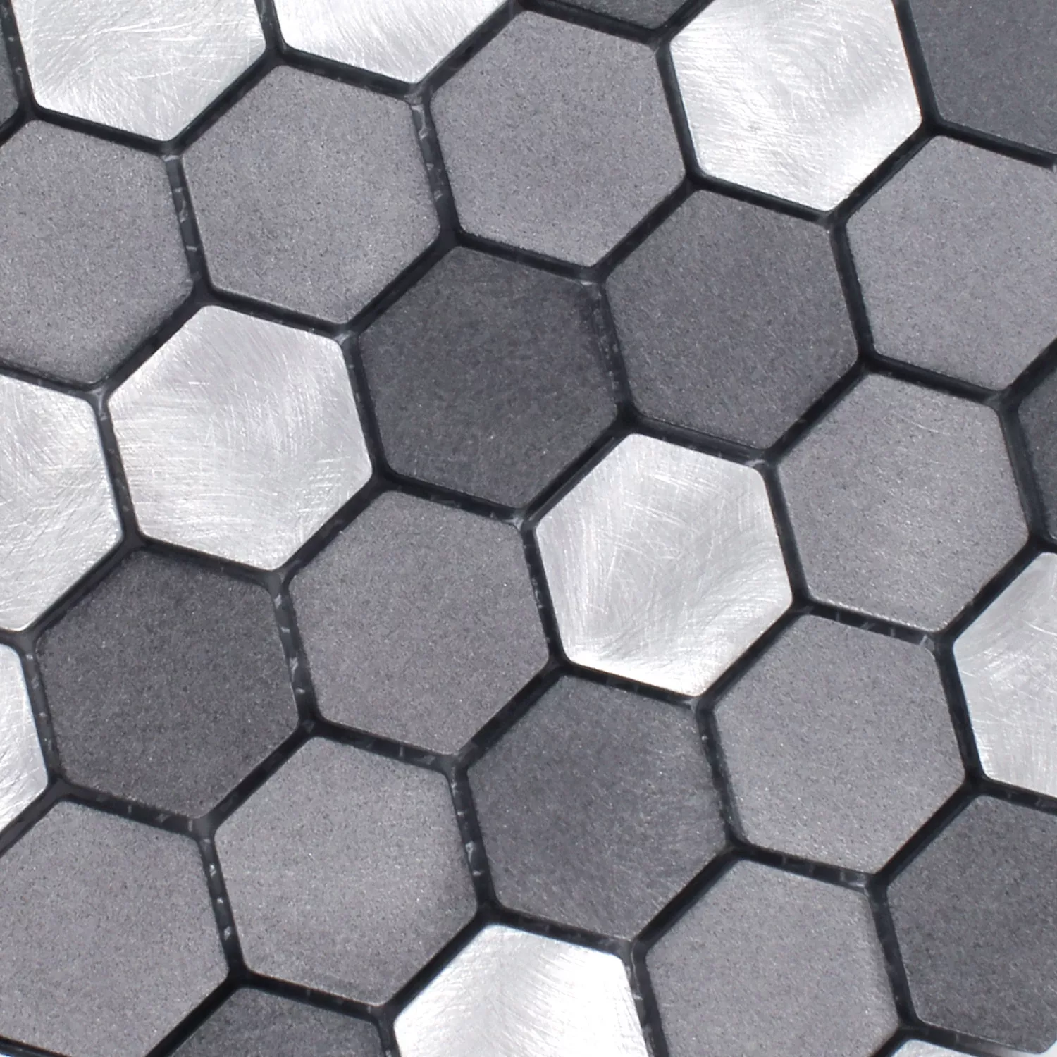 Sample Mosaic Tiles Aluminium Apache Hexagon Black Silver