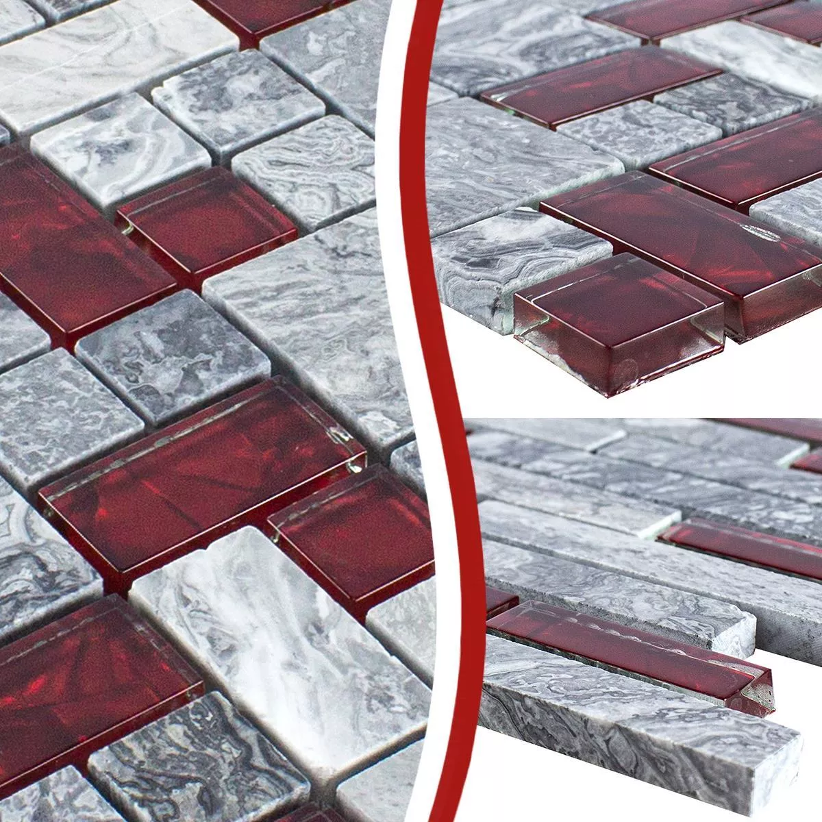 Glass Natural Stone Mosaic Tiles Sinop Grey Red