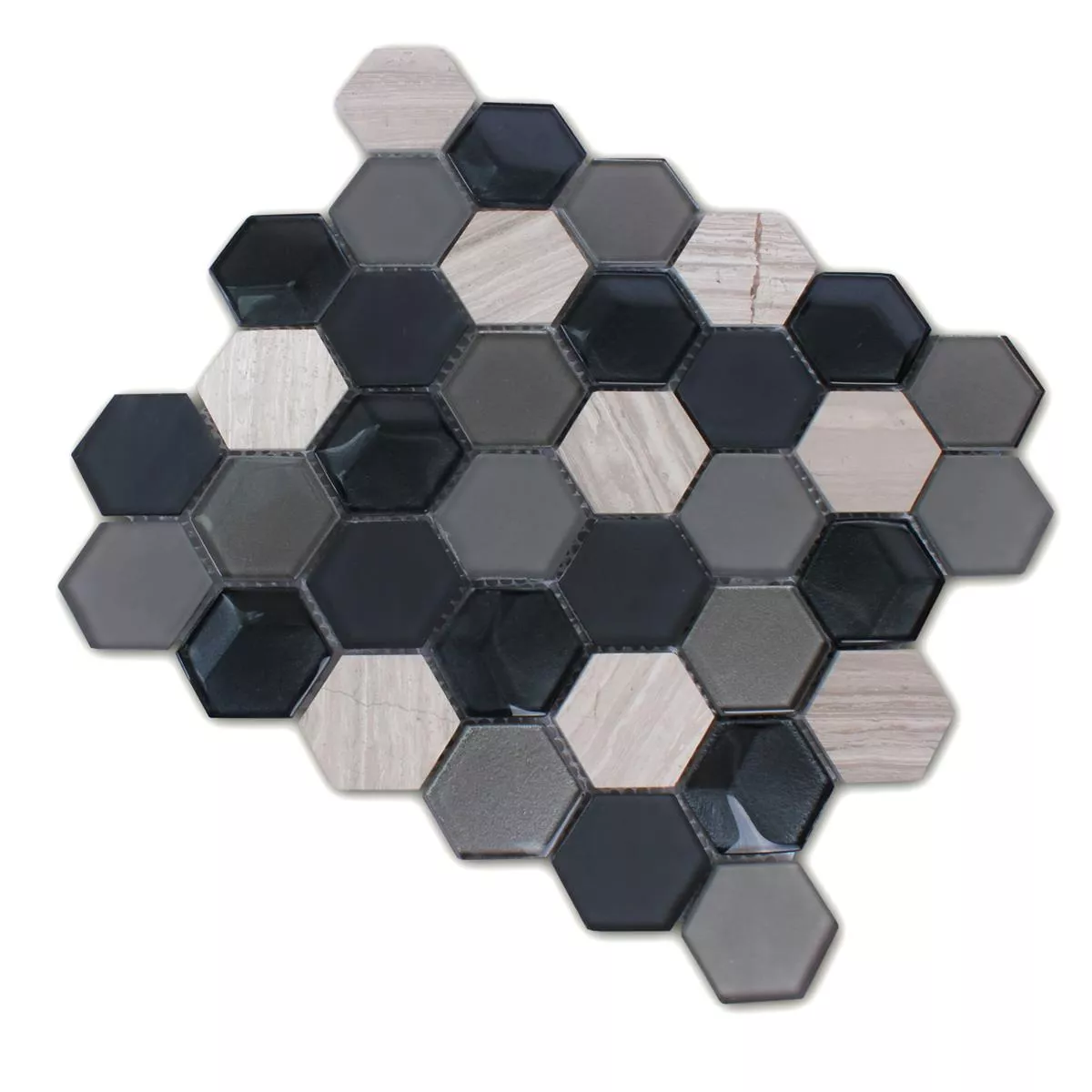 Mosaic Tiles Hexagon Glass Natural Stone Black Grey 3D