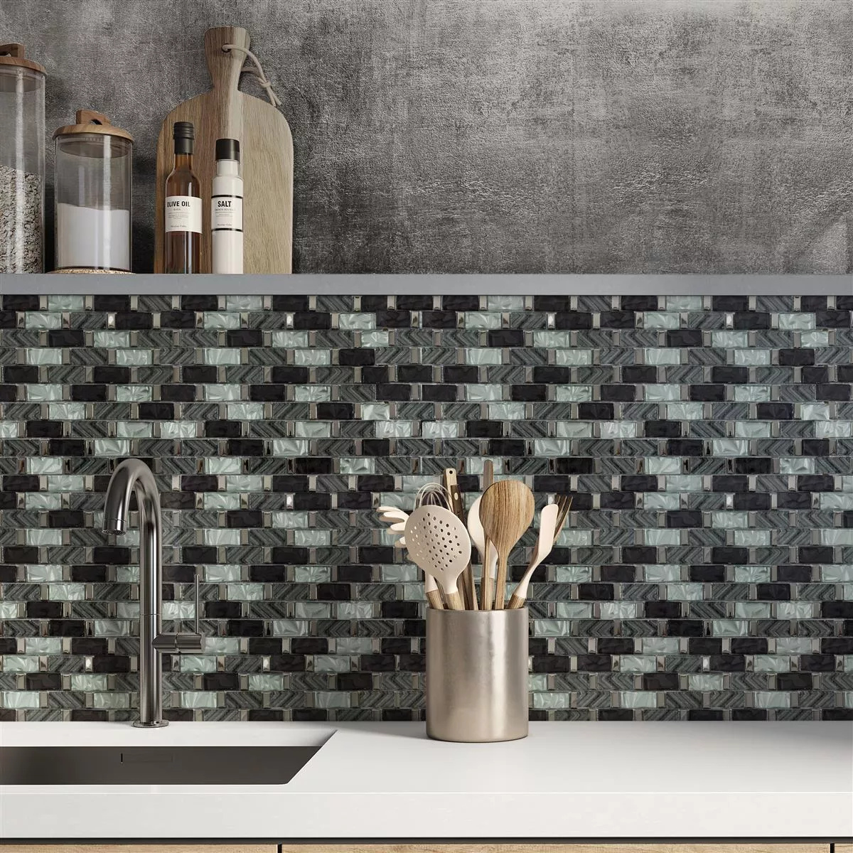 Glass Mosaic Tiles Vancouver Waved Grey Blue Mix