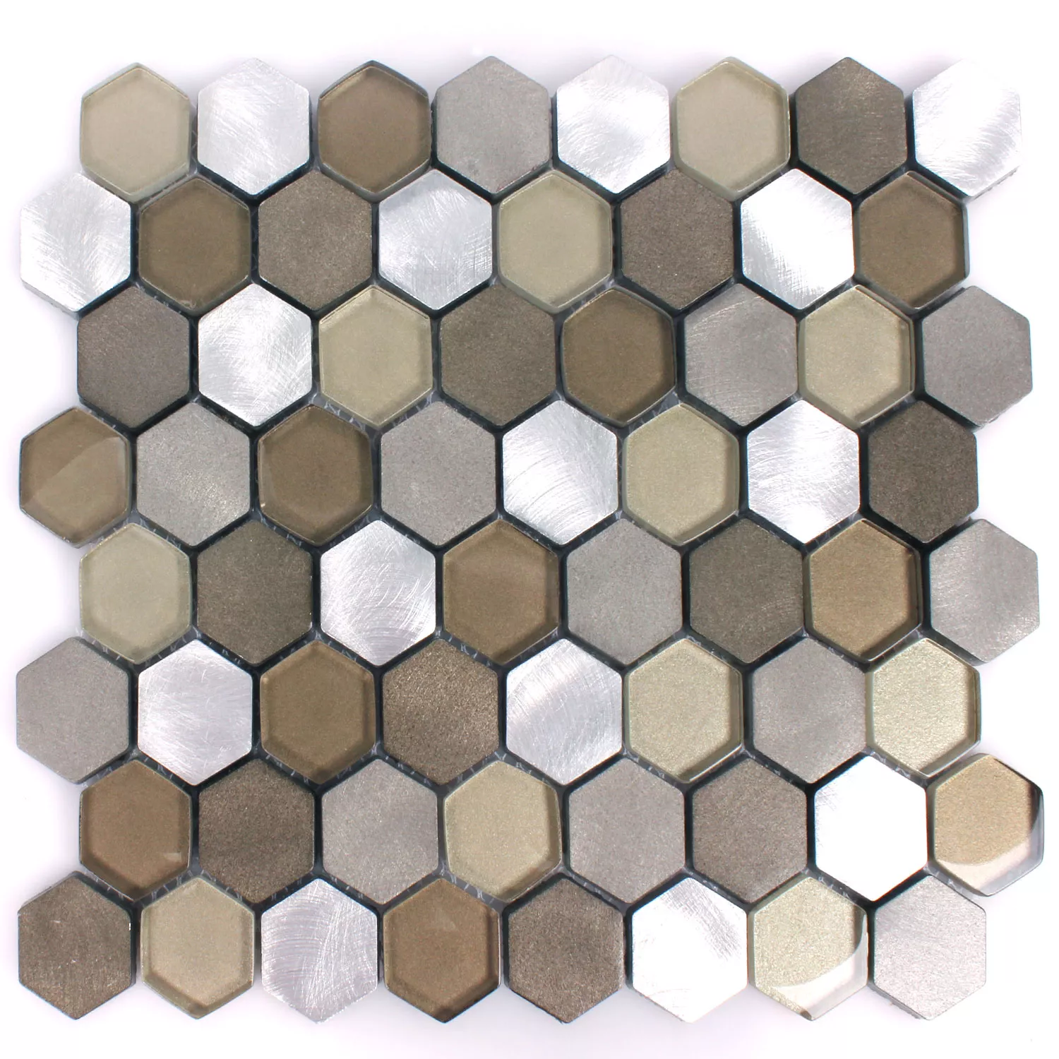 Mosaic Tiles Glass Alu Angela Hexagon Brown Silver