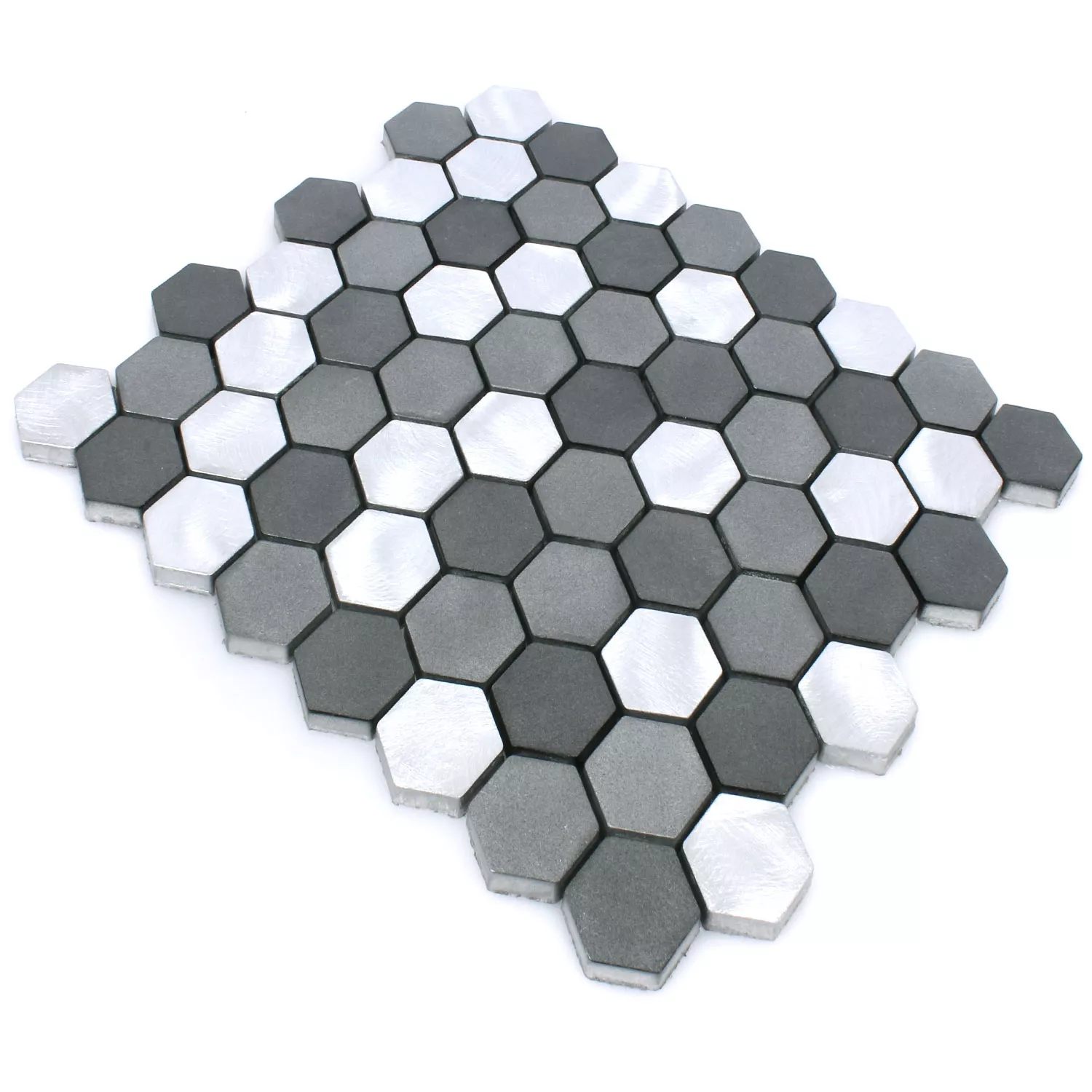 Sample Mosaic Tiles Aluminium Apache Hexagon Black Silver