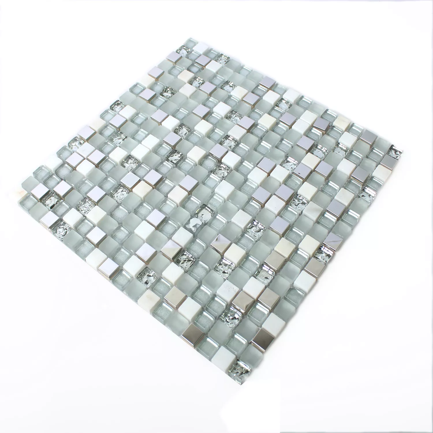 Sample Mosaic Tiles Glass Stainless Steel Natural Stone White Silver