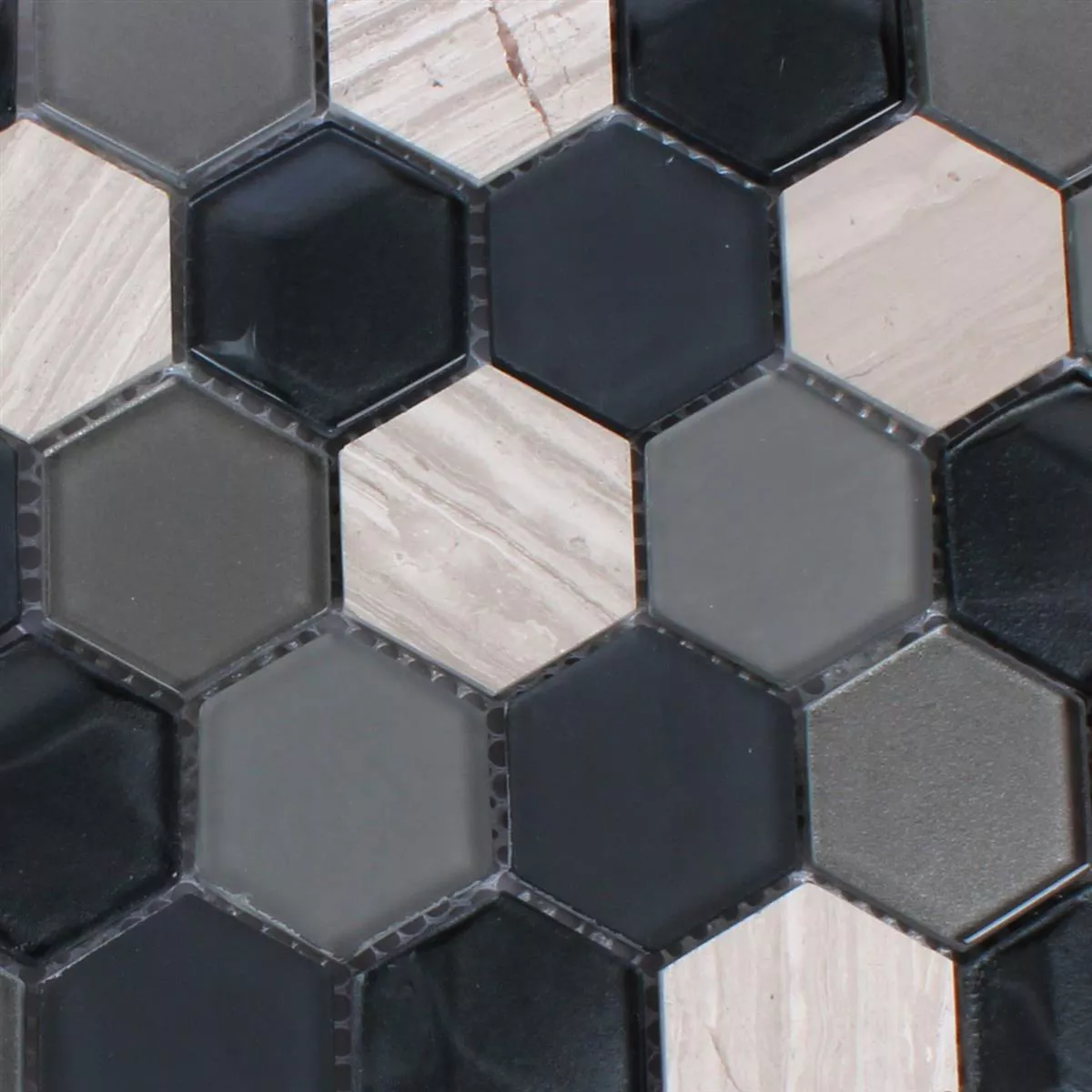 Mosaic Tiles Hexagon Glass Natural Stone Black Grey 3D