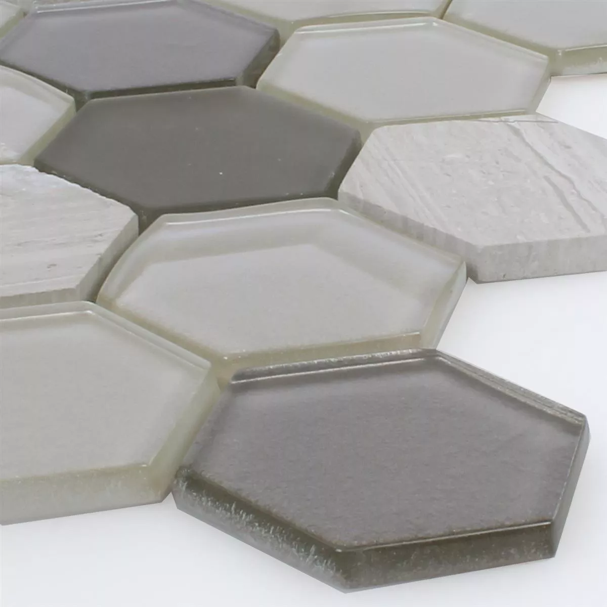 Mosaic Tiles Hexagon Glass Natural Stone Light Grey 3D