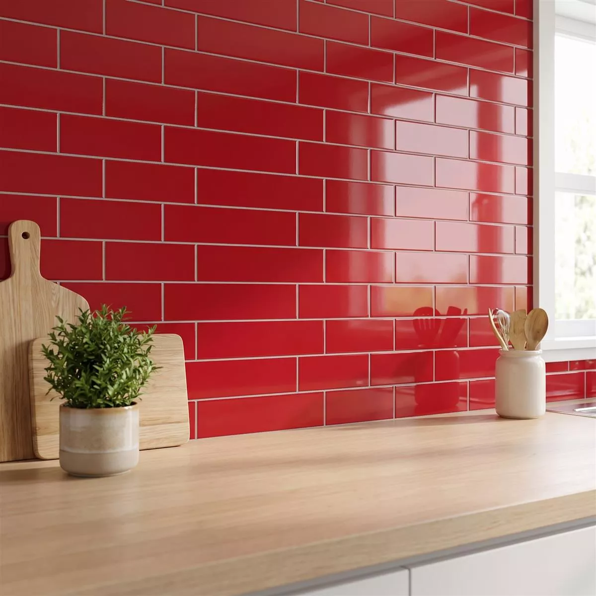 Metro tile Red Glossy 10x30 cm Without Facet Candy Fuego