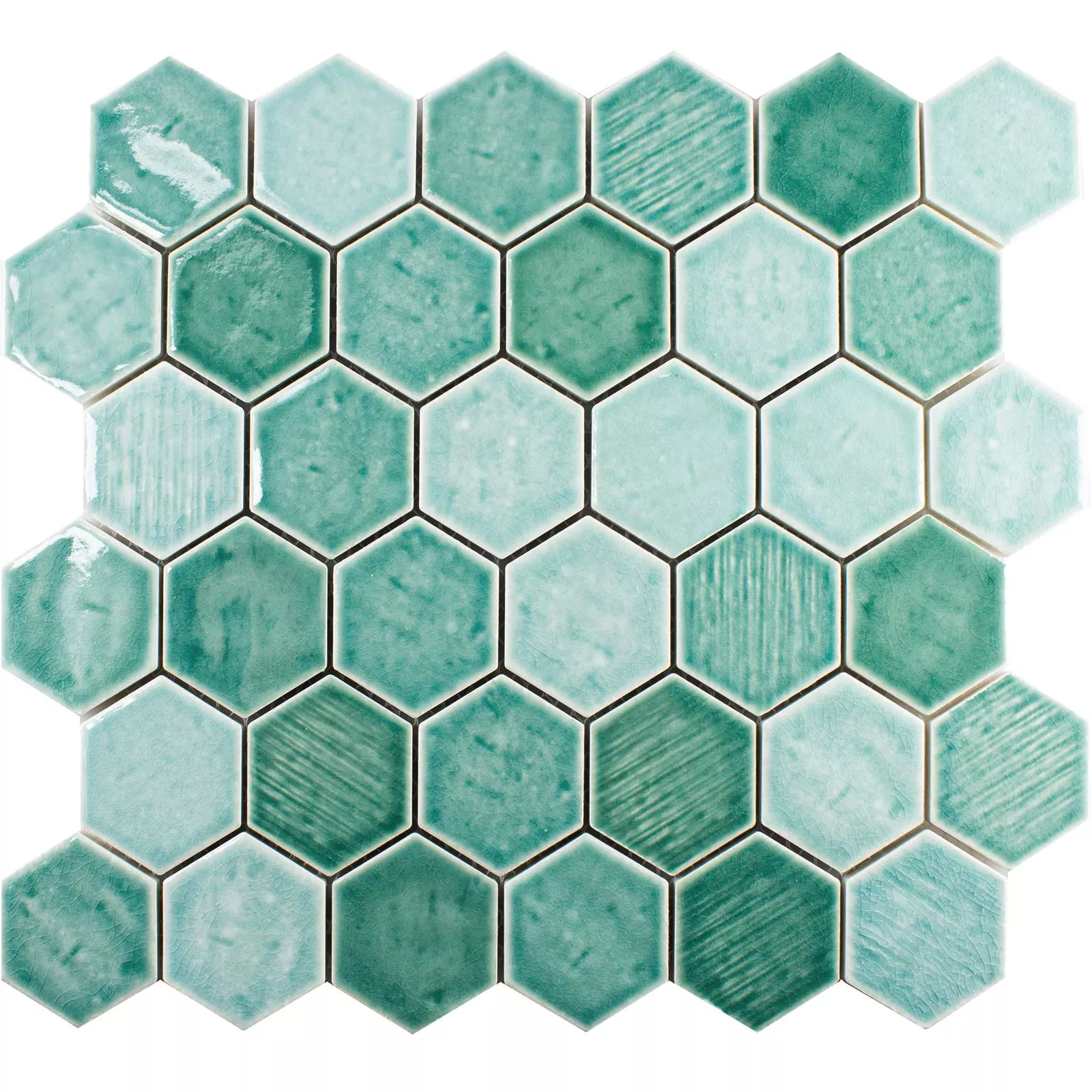 Sample Ceramic Mosaic Tile Roseburg Hexagon Glossy Cyan