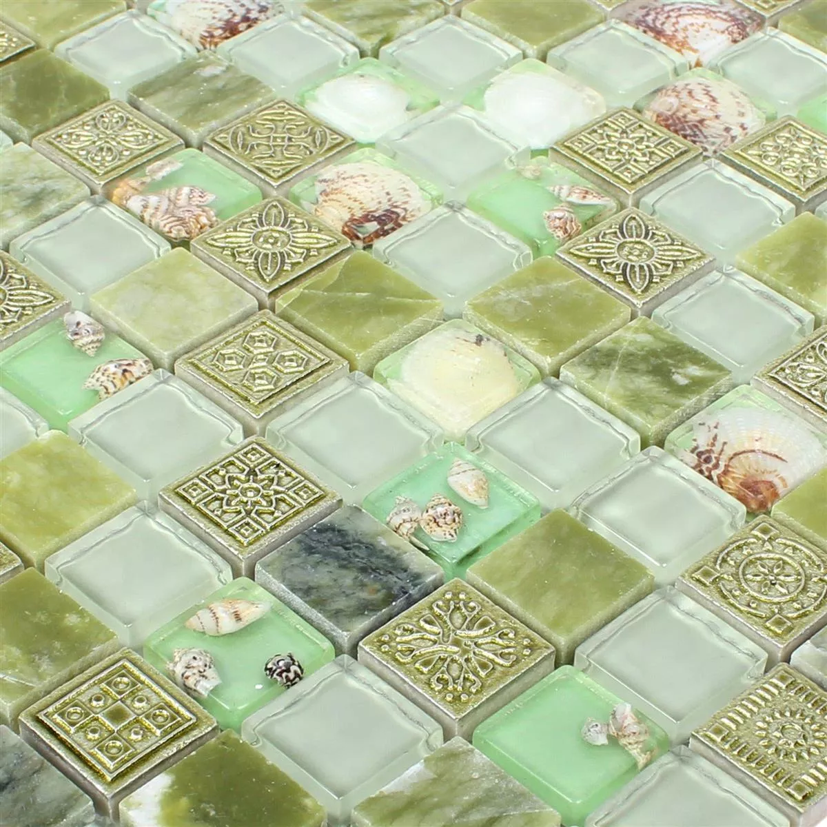 Sample Glass Mosaic Natural Stone Tiles Tatvan Shell Green
