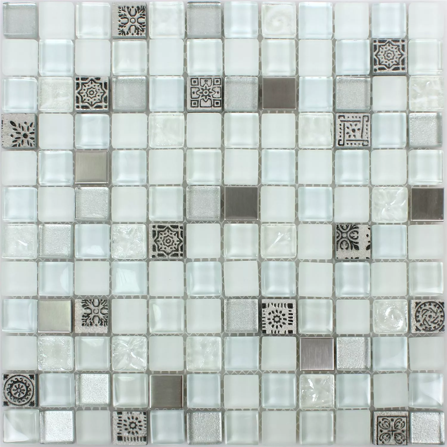 Sample Mosaic Tiles Glass Resin Stainless Steel Mix Gramos White