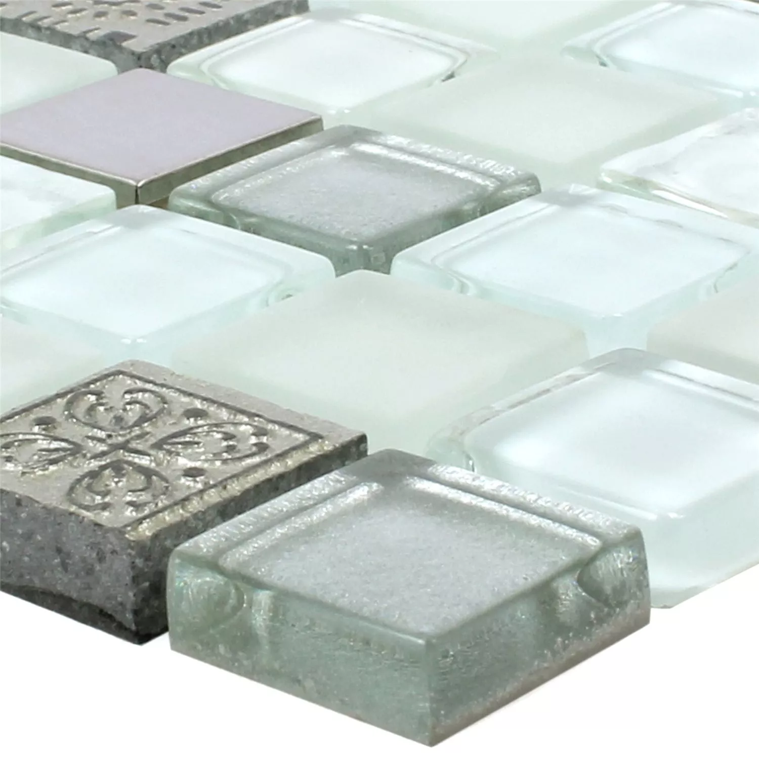 Mosaic Tiles Glass Resin Stainless Steel Mix Gramos White