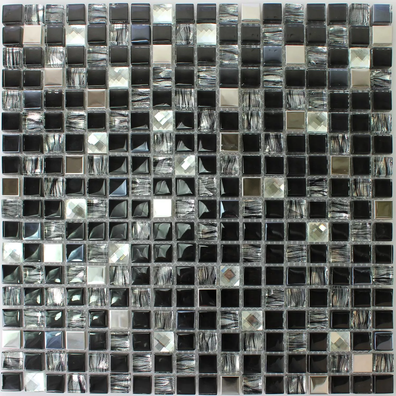 Mosaic Tiles Glass Stainless Steel Black Mix 15x15x8mm