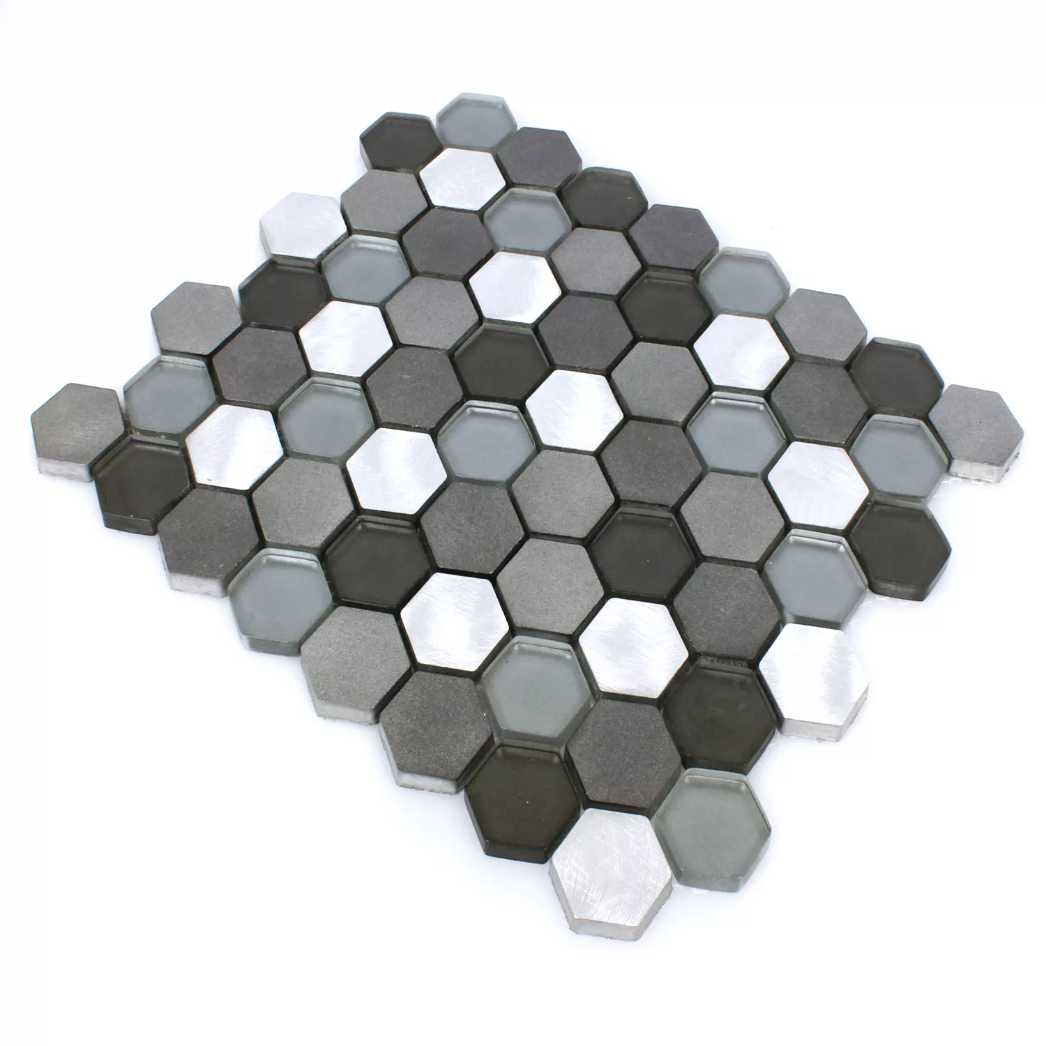 Mosaic Tiles Glass Alu Angela Hexagon Black Silver