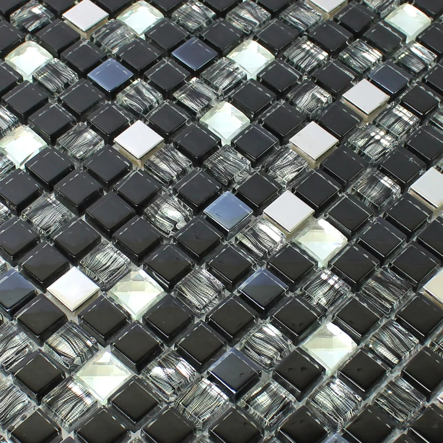 Mosaic Tiles Glass Stainless Steel Black Mix 15x15x8mm