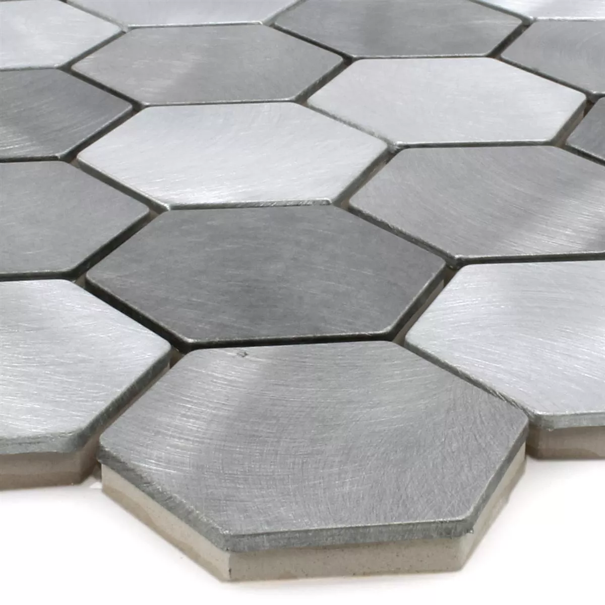 Sample Mosaic Tiles Aluminium Manhatten Hexagon Grey Silver