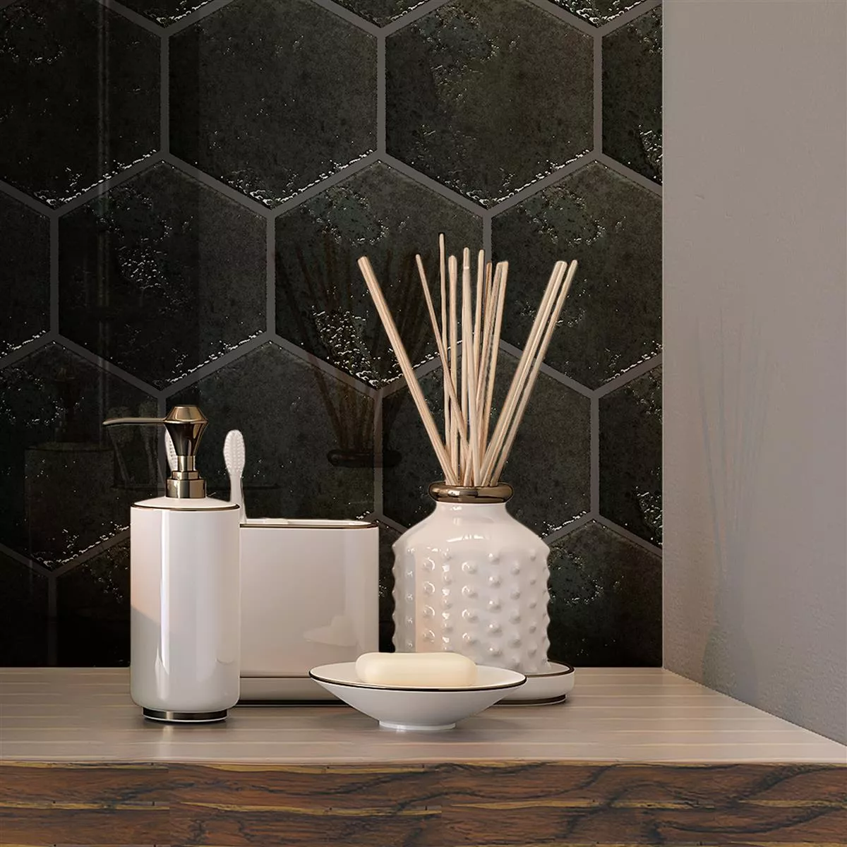 Sample Wall Tiles Lara Glossy Waved 13x15cm Hexagon Black