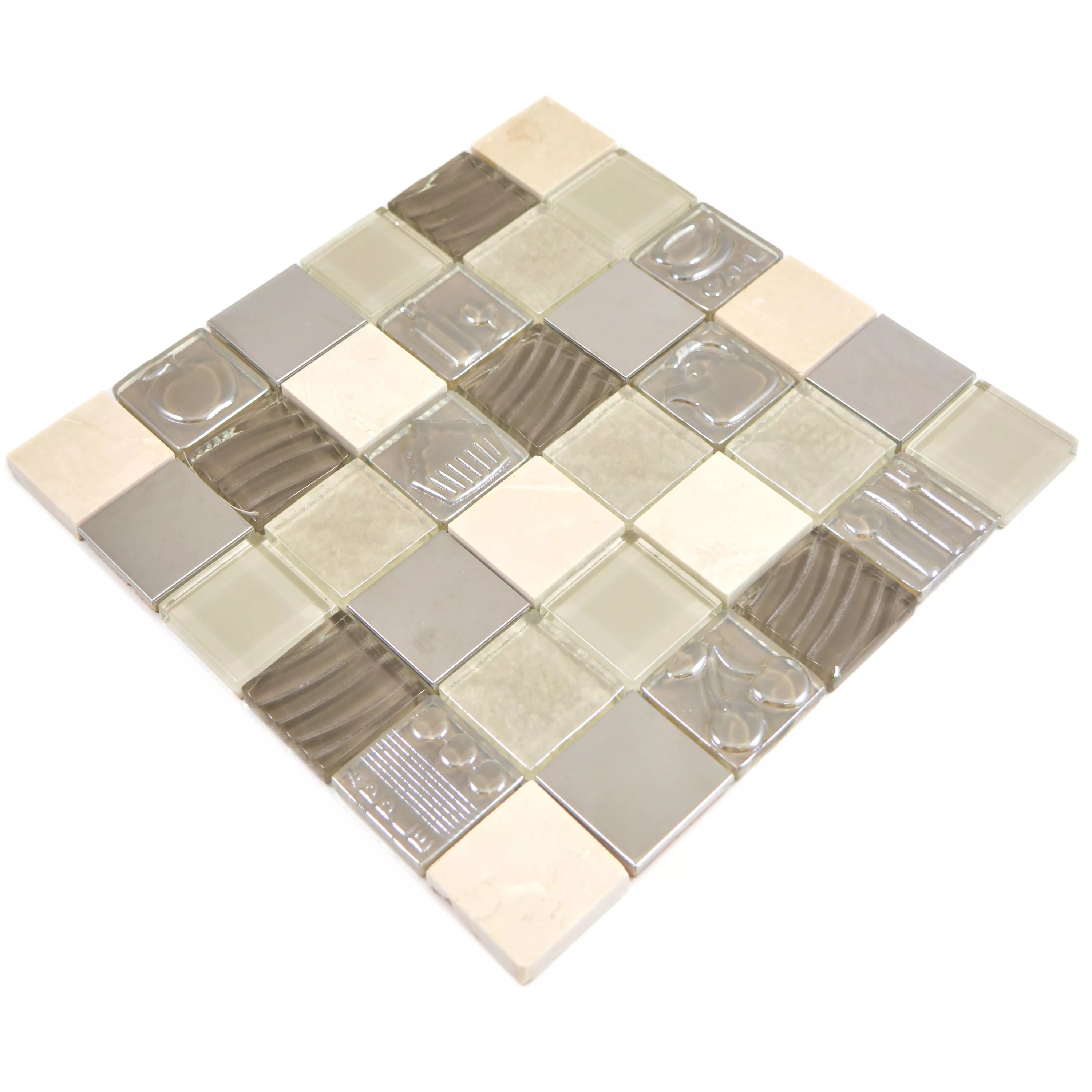 Glass Stainless Steel Natural Stone Mosaic Emporia Brown Beige Silver